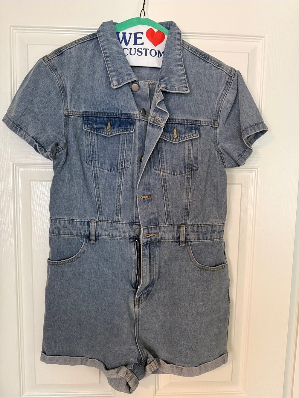 Short Sleeve Denim Romper in Light Blue